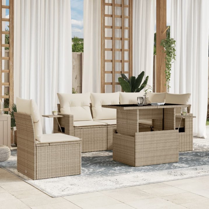 6-tlg. Garten-Sofagarnitur mit Kissen Schwarz Poly Rattan