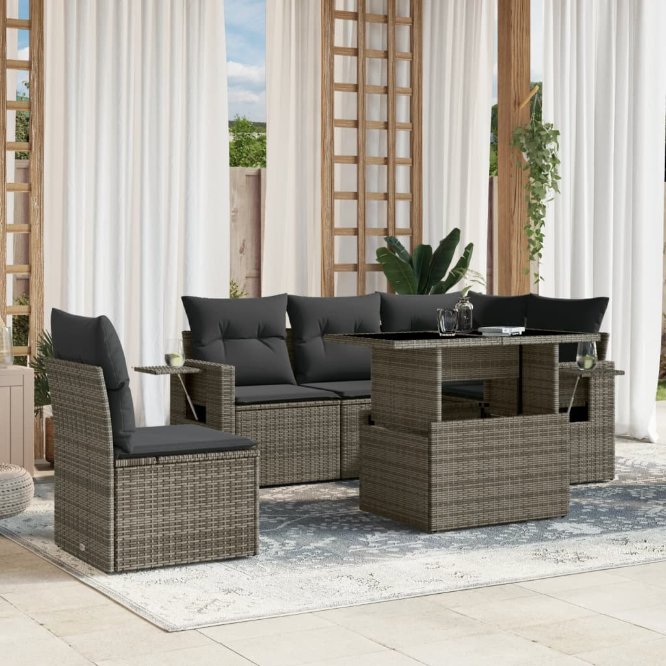 6-tlg. Garten-Sofagarnitur mit Kissen Schwarz Poly Rattan