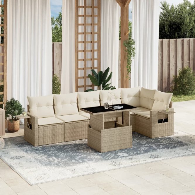 7-tlg. Garten-Sofagarnitur mit Kissen Schwarz Poly Rattan