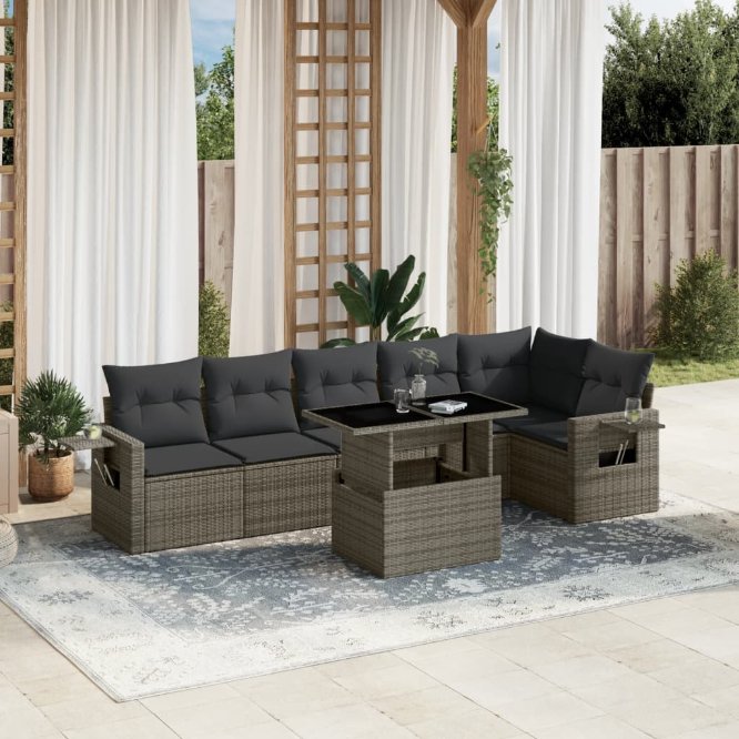 7-tlg. Garten-Sofagarnitur mit Kissen Schwarz Poly Rattan