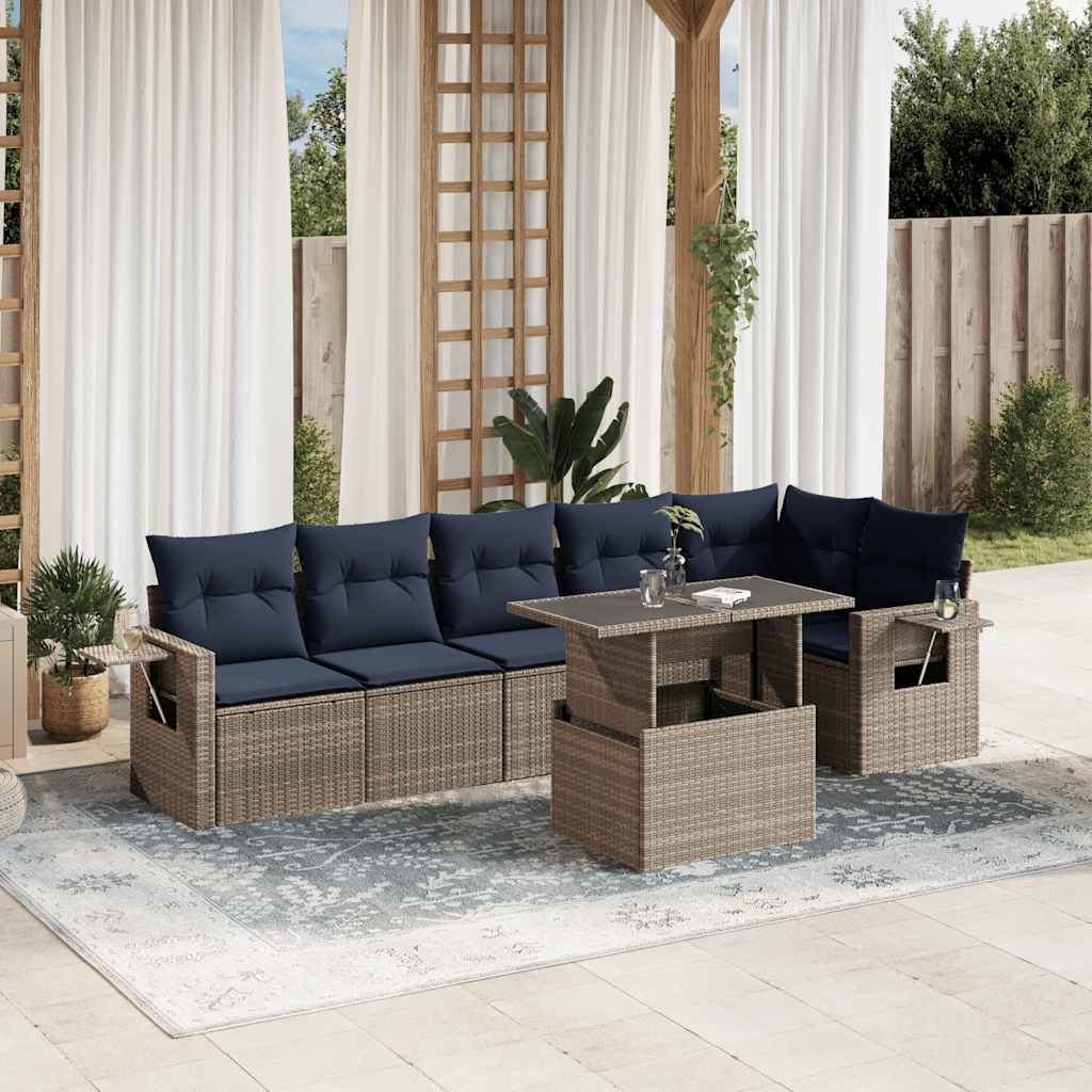 7-teiliges Gartensofa-Set mit Kissen, schwarzes Polyrattan