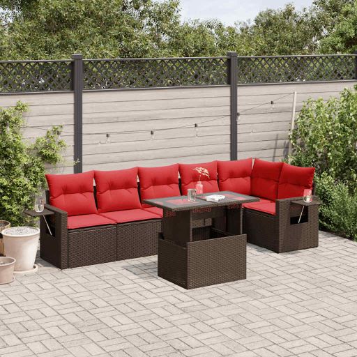 7-teiliges Gartensofa-Set mit Kissen, schwarzes Polyrattan