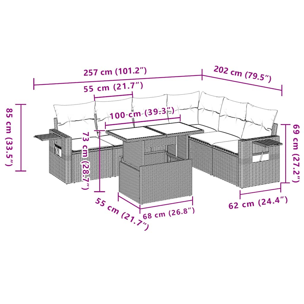 7-teiliges Gartensofa-Set mit Kissen, schwarzes Polyrattan