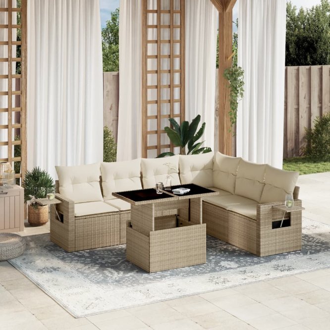 7-tlg. Garten-Sofagarnitur mit Kissen Schwarz Poly Rattan