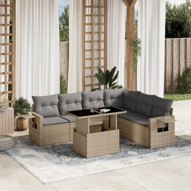 7-tlg. Garten-Sofagarnitur mit Kissen Schwarz Poly Rattan