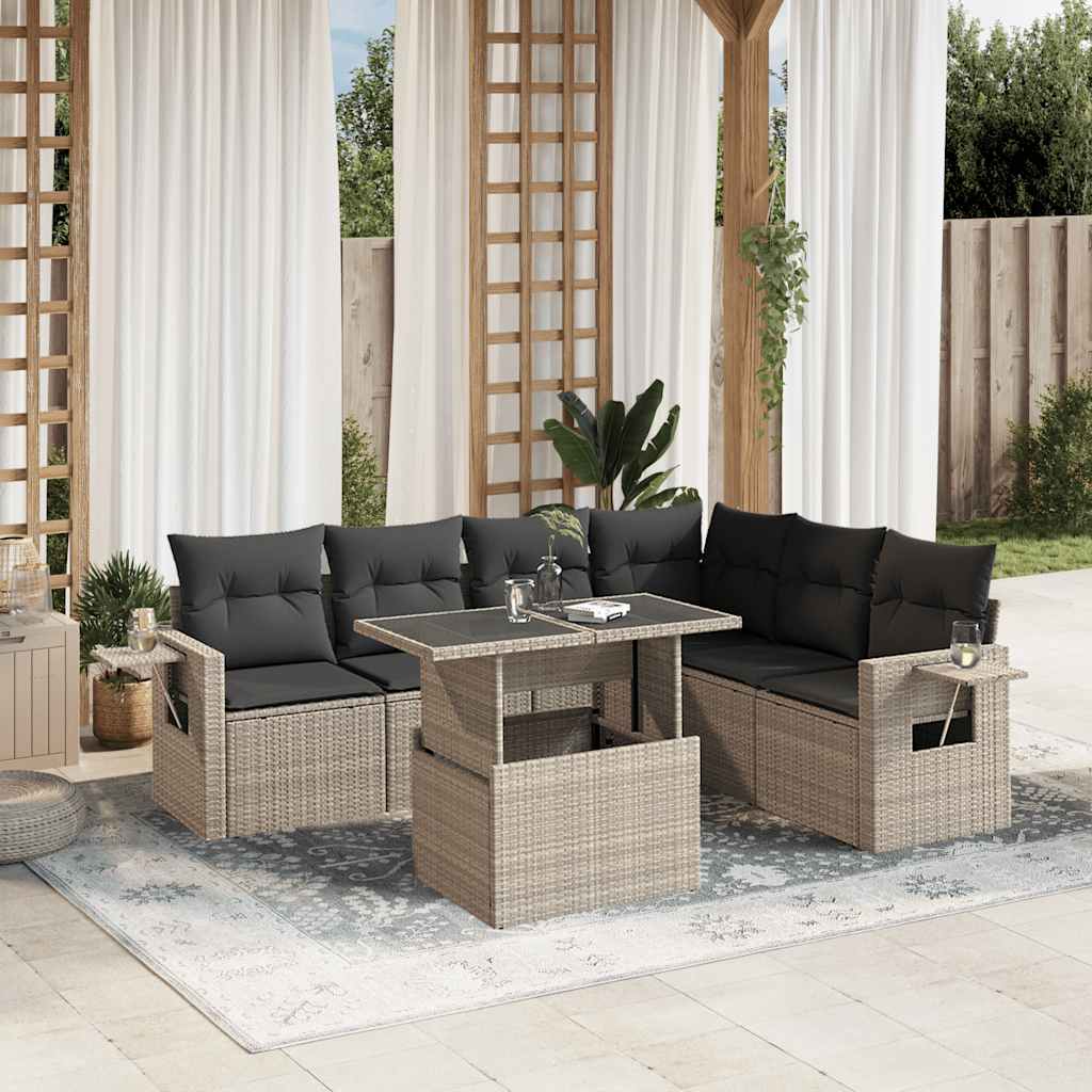 7-tlg. Garten-Sofagarnitur mit Kissen Schwarz Poly Rattan