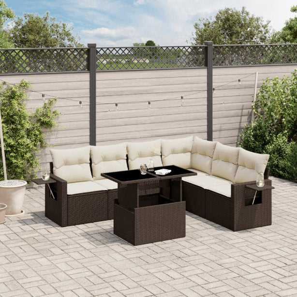7-tlg. Garten-Sofagarnitur mit Kissen Schwarz Poly Rattan