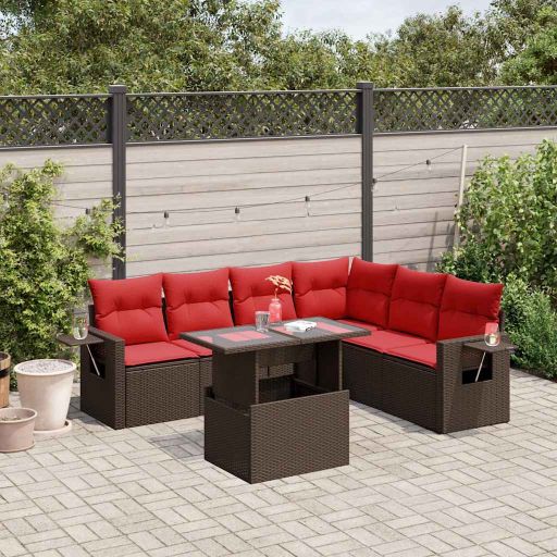 7-teiliges Gartensofa-Set mit Kissen, schwarzes Polyrattan