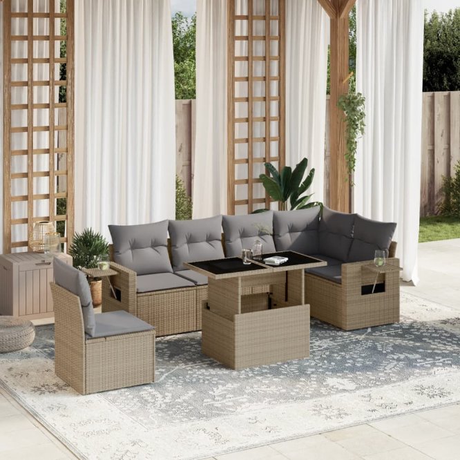 7-tlg. Garten-Sofagarnitur mit Kissen Schwarz Poly Rattan