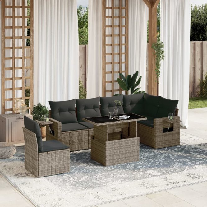 7-tlg. Garten-Sofagarnitur mit Kissen Schwarz Poly Rattan