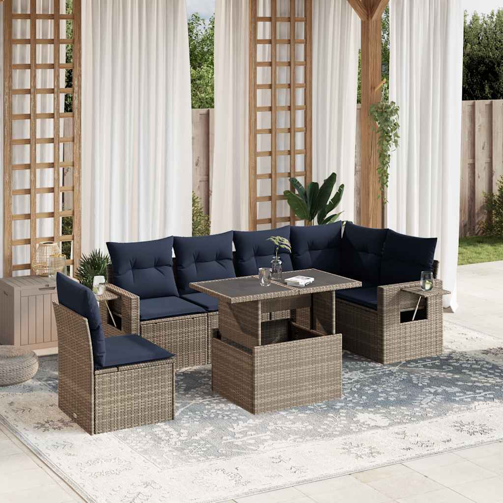 7-teiliges Gartensofa-Set mit Kissen, schwarzes Polyrattan