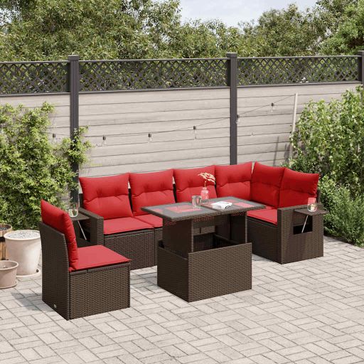 7-teiliges Gartensofa-Set mit Kissen, schwarzes Polyrattan