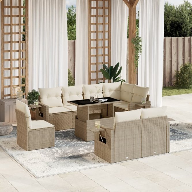 9-tlg. Garten-Sofagarnitur mit Kissen Schwarz Poly Rattan