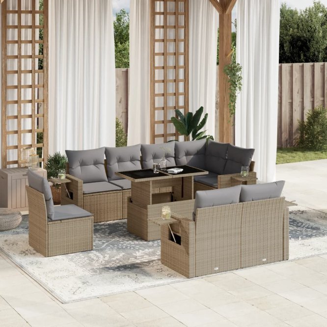 9-tlg. Garten-Sofagarnitur mit Kissen Schwarz Poly Rattan