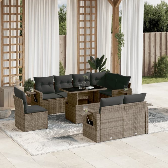 9-tlg. Garten-Sofagarnitur mit Kissen Schwarz Poly Rattan
