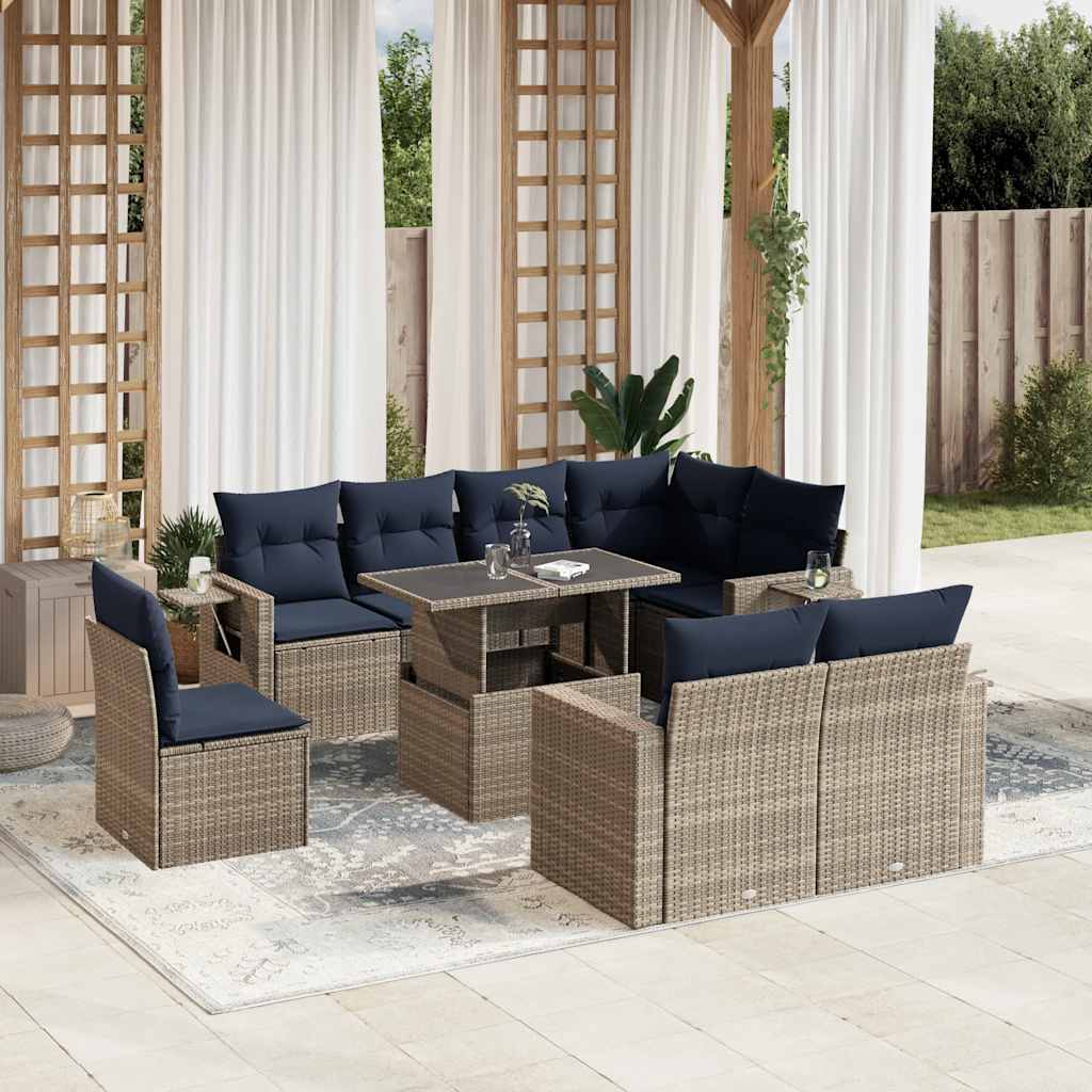 9-teiliges Gartensofa-Set mit Kissen, schwarzes Polyrattan