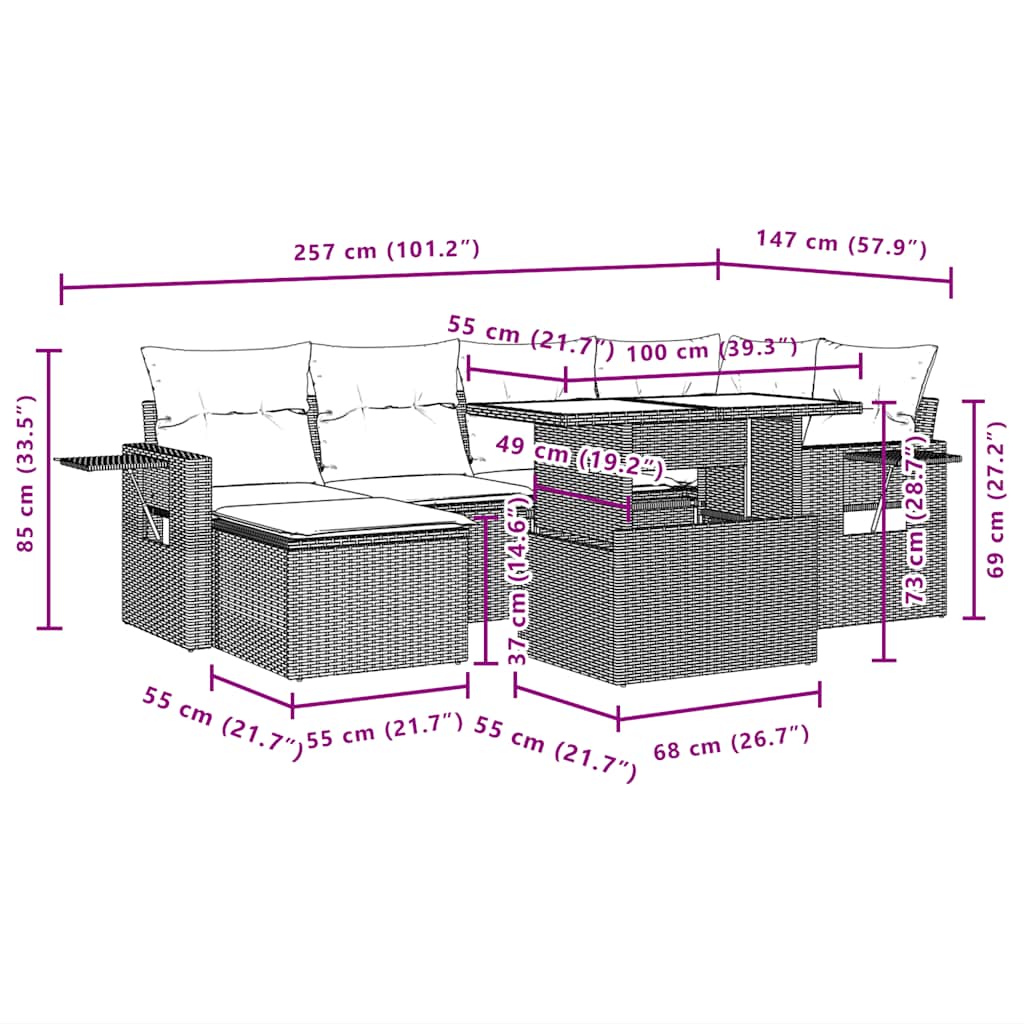 7-teiliges Gartensofa-Set mit Kissen, schwarzes Polyrattan