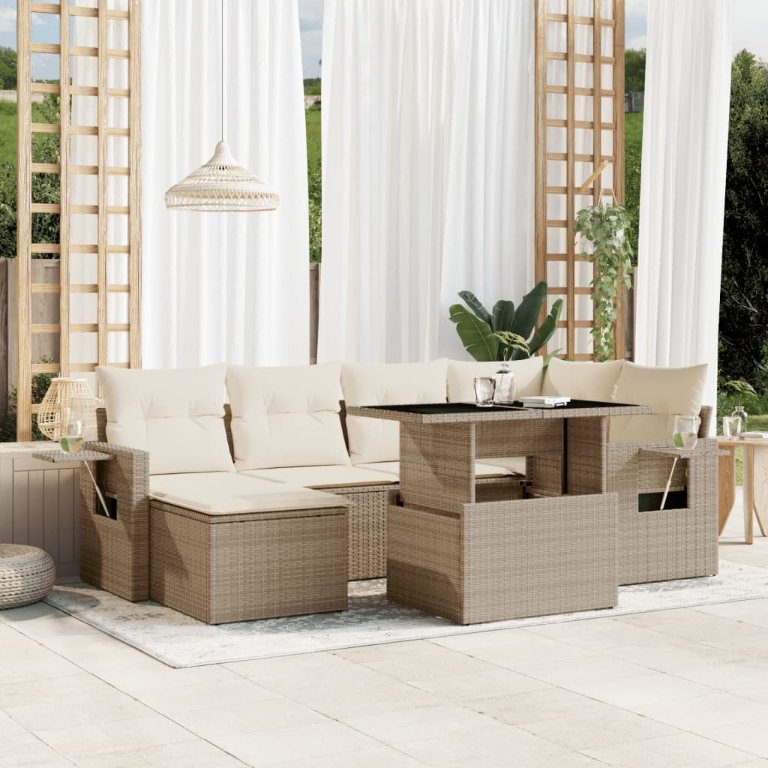 7-tlg. Garten-Sofagarnitur mit Kissen Schwarz Poly Rattan
