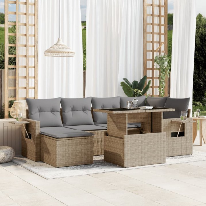 7-tlg. Garten-Sofagarnitur mit Kissen Schwarz Poly Rattan