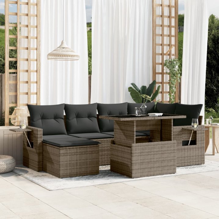 7-tlg. Garten-Sofagarnitur mit Kissen Schwarz Poly Rattan