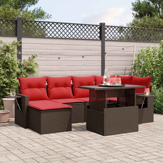 7-teiliges Gartensofa-Set mit Kissen, schwarzes Polyrattan