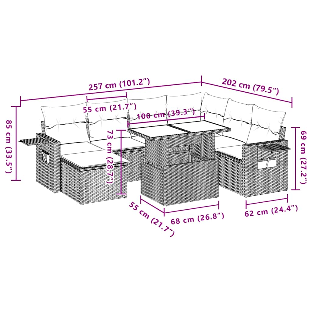 8-teiliges Gartensofa-Set mit Kissen, schwarzes Polyrattan