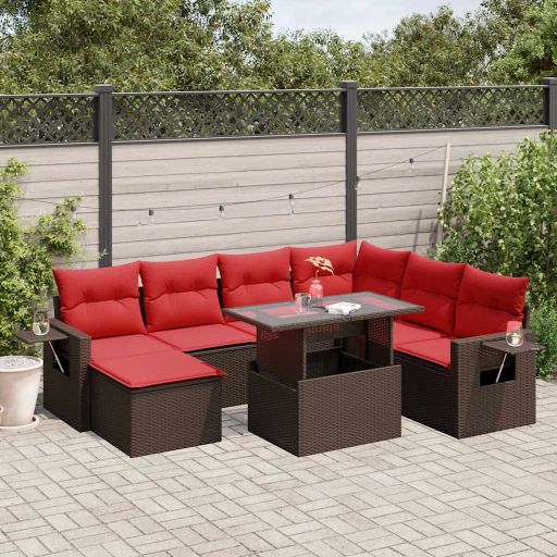 8-teiliges Gartensofa-Set mit Kissen, schwarzes Polyrattan