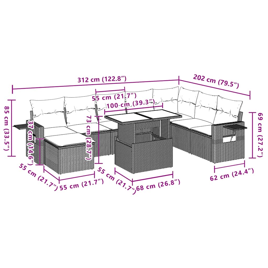 9-teiliges Gartensofa-Set mit Kissen, schwarzes Polyrattan