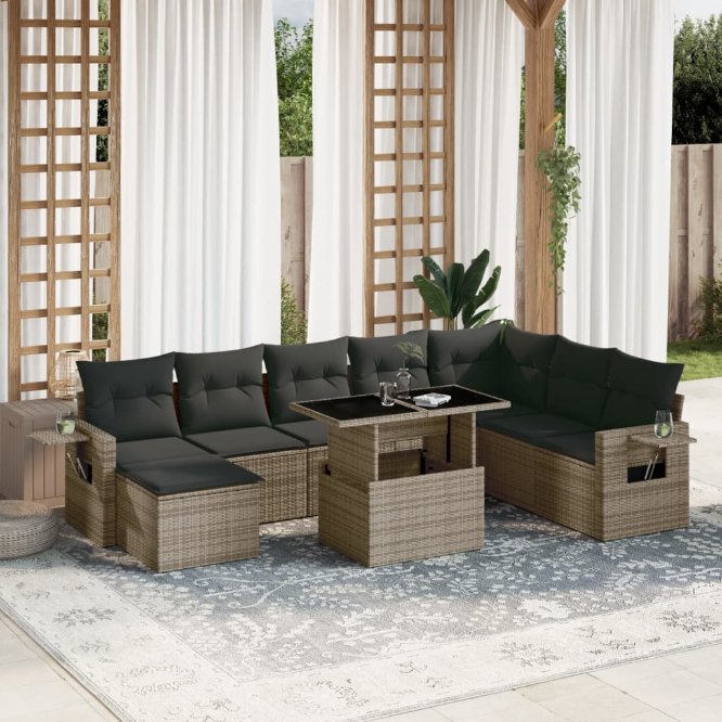 9-tlg. Garten-Sofagarnitur mit Kissen Schwarz Poly Rattan