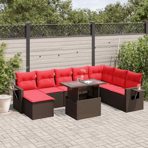9-teiliges Gartensofa-Set mit Kissen, schwarzes Polyrattan