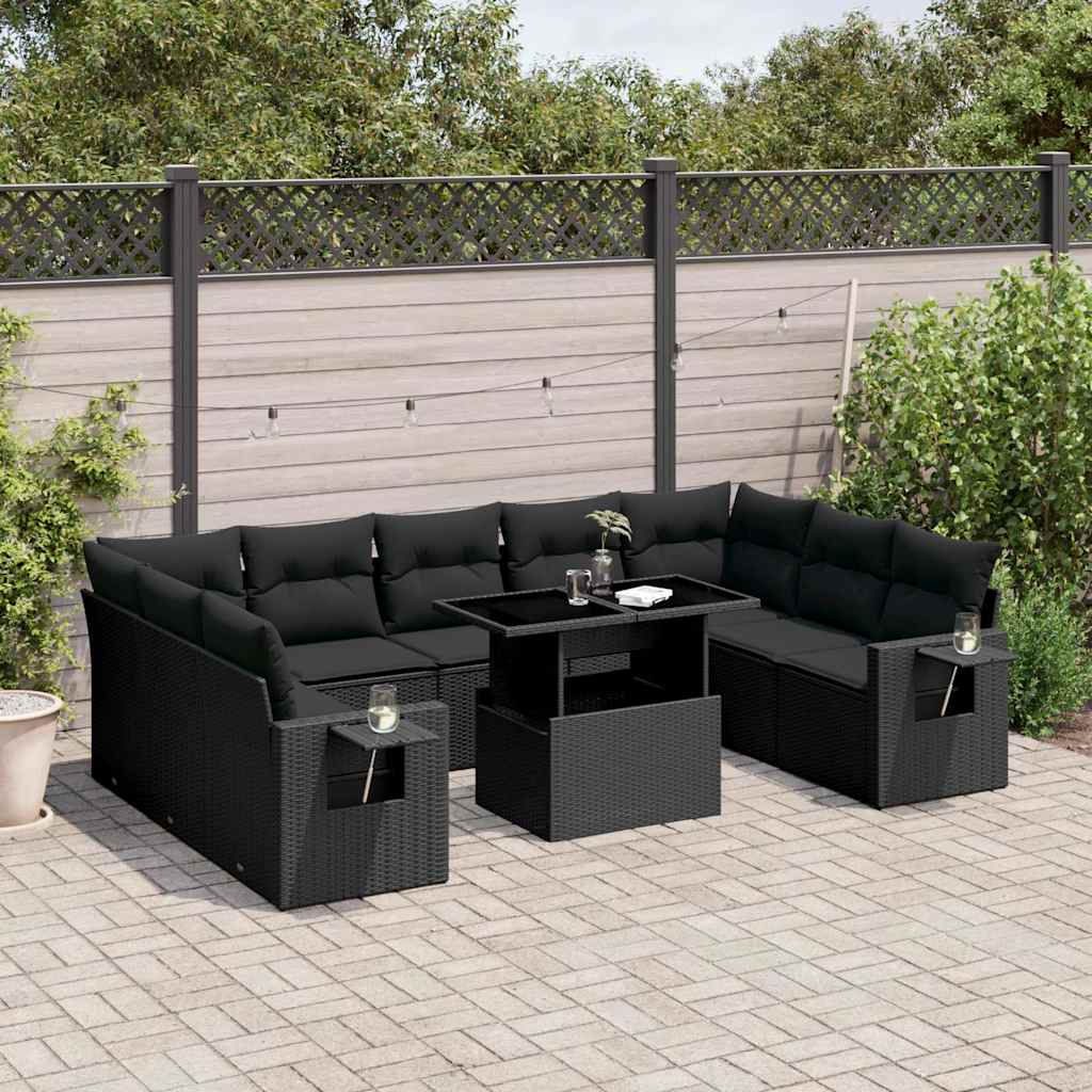vidaXL 10-tlg. Garten-Sofagarnitur mit Kissen Schwarz Poly Rattan