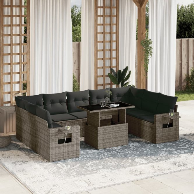vidaXL 10-tlg. Garten-Sofagarnitur mit Kissen Schwarz Poly Rattan