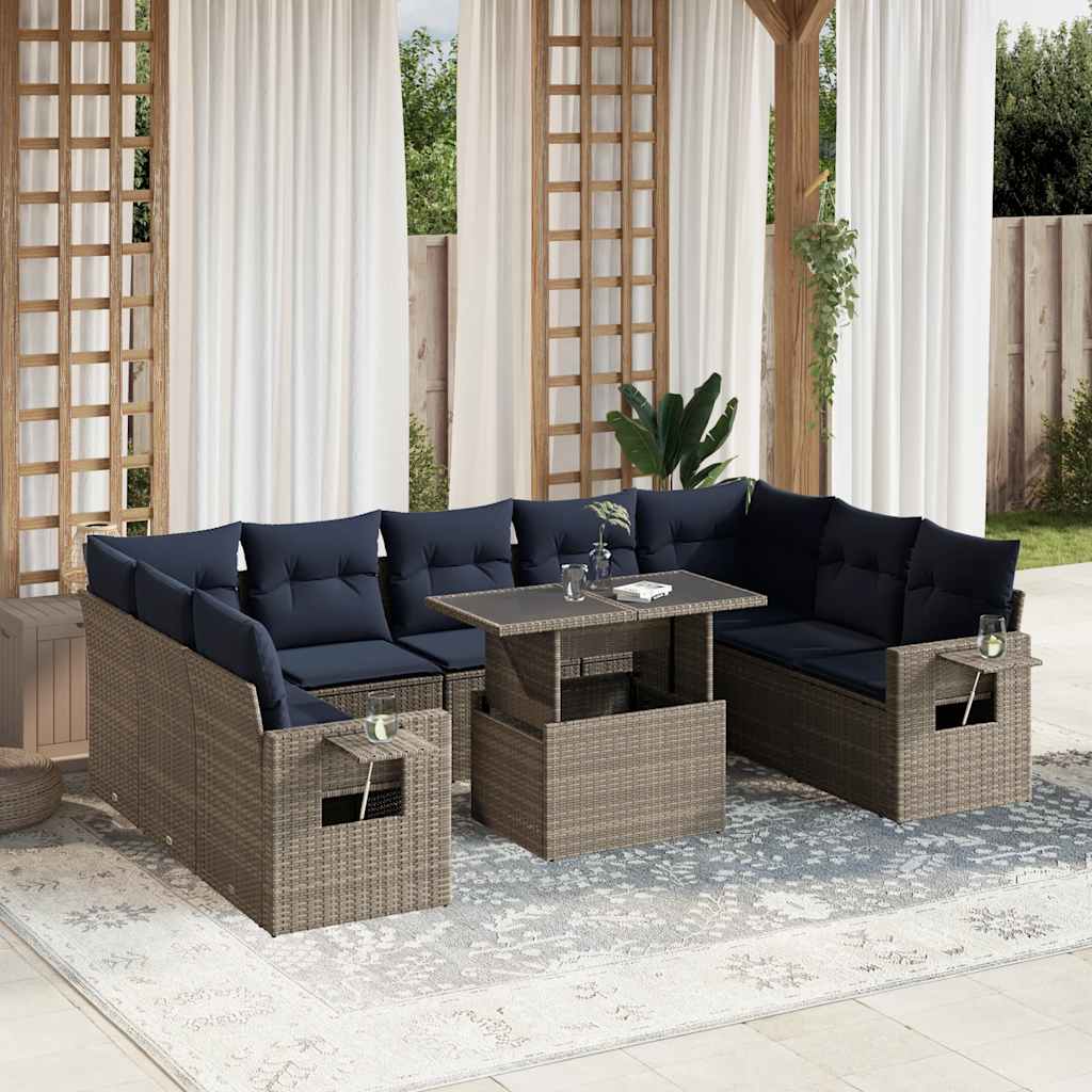 vidaXL 10-teiliges Gartensofa-Set mit Kissen, schwarzes Polyrattan