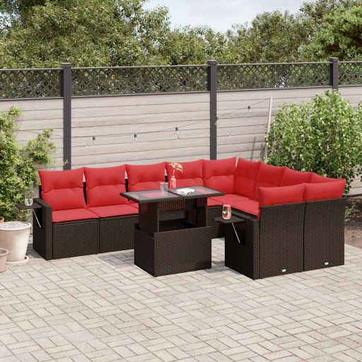 vidaXL 10-teiliges Gartensofa-Set mit Kissen, schwarzes Polyrattan