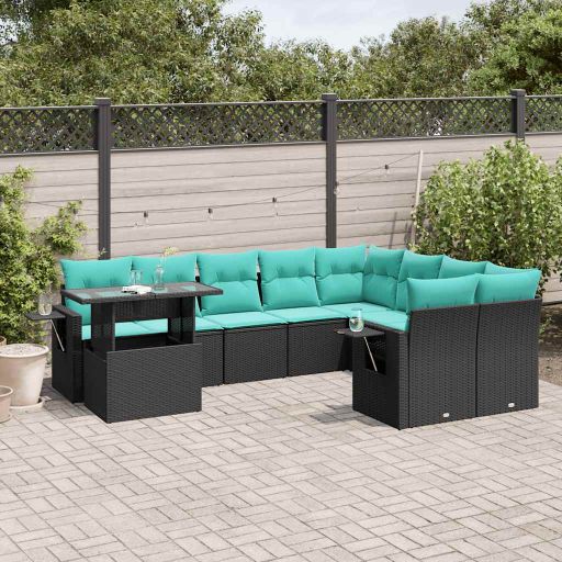 vidaXL 10-teiliges Gartensofa-Set mit Kissen, schwarzes Polyrattan