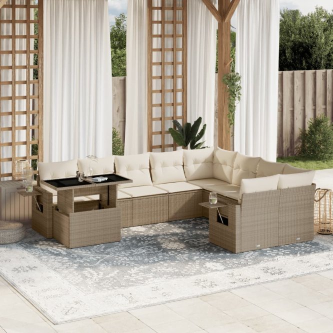 vidaXL 10-tlg. Garten-Sofagarnitur mit Kissen Schwarz Poly Rattan