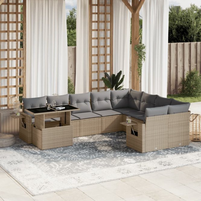 vidaXL 10-tlg. Garten-Sofagarnitur mit Kissen Schwarz Poly Rattan