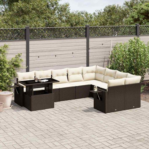 vidaXL 10-tlg. Garten-Sofagarnitur mit Kissen Schwarz Poly Rattan