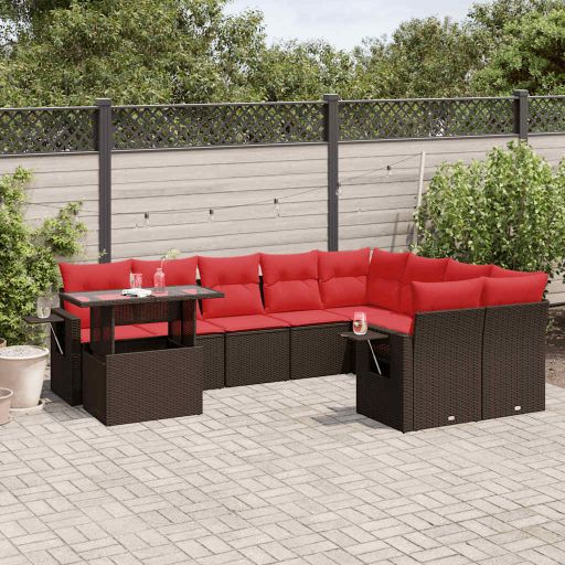 vidaXL 10-teiliges Gartensofa-Set mit Kissen, schwarzes Polyrattan
