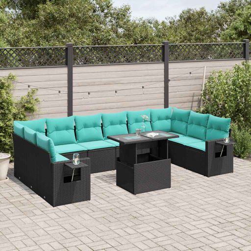 vidaXL 11-teiliges Gartensofa-Set mit Kissen, schwarzes Polyrattan