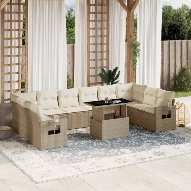 vidaXL 11-tlg. Garten-Sofagarnitur mit Kissen Schwarz Poly Rattan