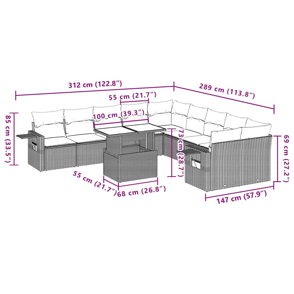 vidaXL 11-teiliges Gartensofa-Set mit Kissen, schwarzes Polyrattan