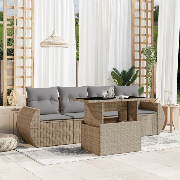5-tlg. Garten-Sofagarnitur mit Kissen Schwarz Poly Rattan