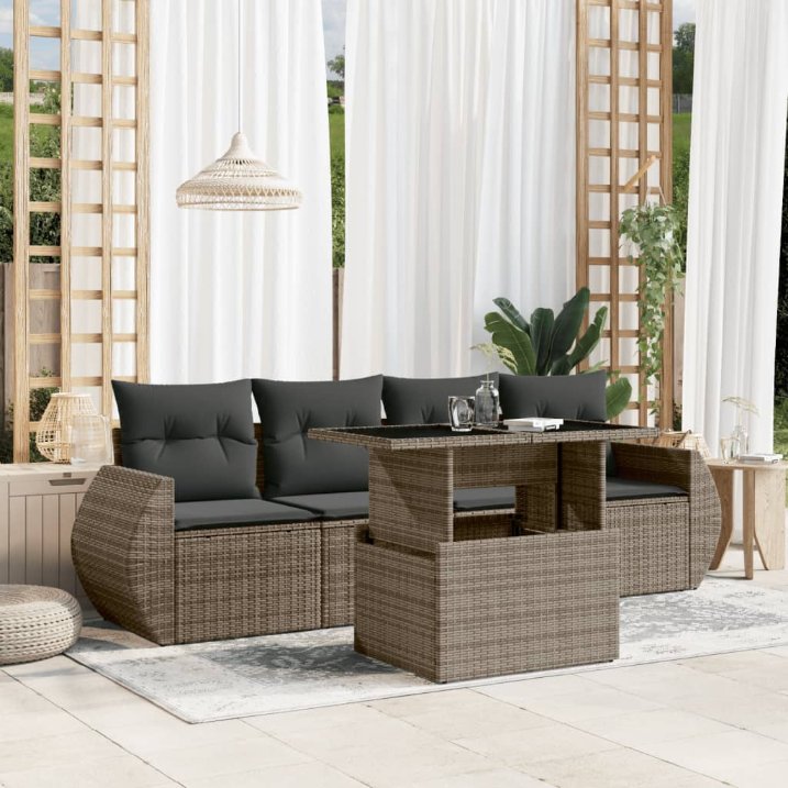5-tlg. Garten-Sofagarnitur mit Kissen Schwarz Poly Rattan