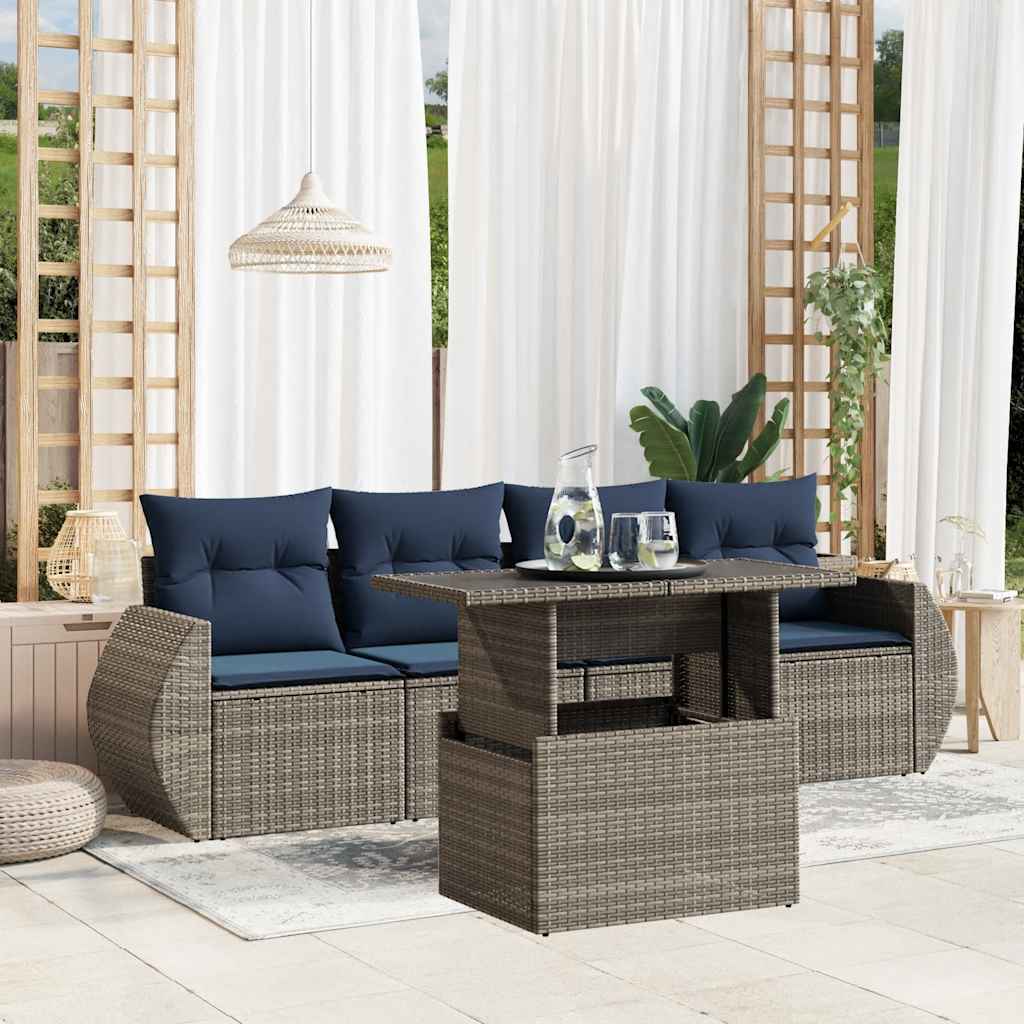 5-teiliges Gartensofa-Set mit Kissen, schwarzes Polyrattan