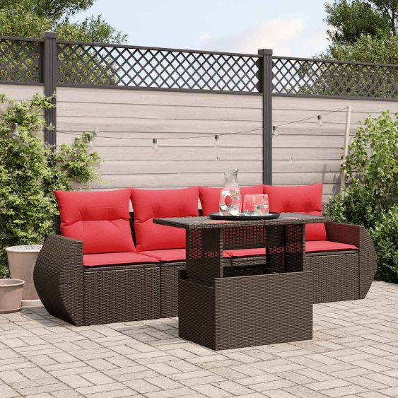 5-teiliges Gartensofa-Set mit Kissen, schwarzes Polyrattan