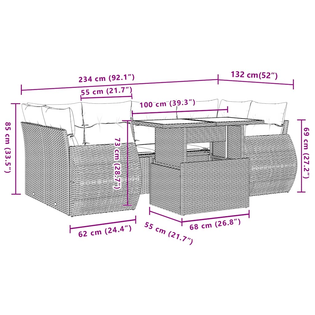 7-teiliges Gartensofa-Set mit Kissen, schwarzes Polyrattan