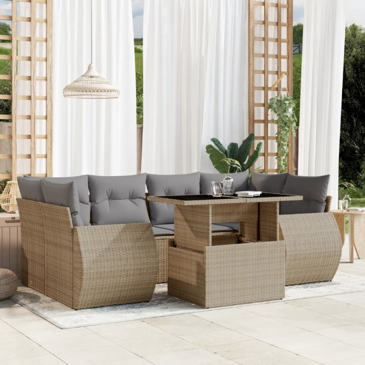 7-tlg. Garten-Sofagarnitur mit Kissen Schwarz Poly Rattan