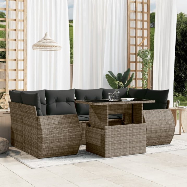 7-tlg. Garten-Sofagarnitur mit Kissen Schwarz Poly Rattan