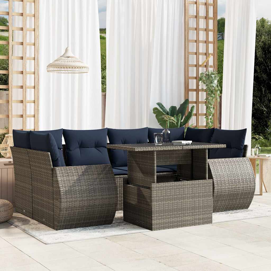 7-teiliges Gartensofa-Set mit Kissen, schwarzes Polyrattan